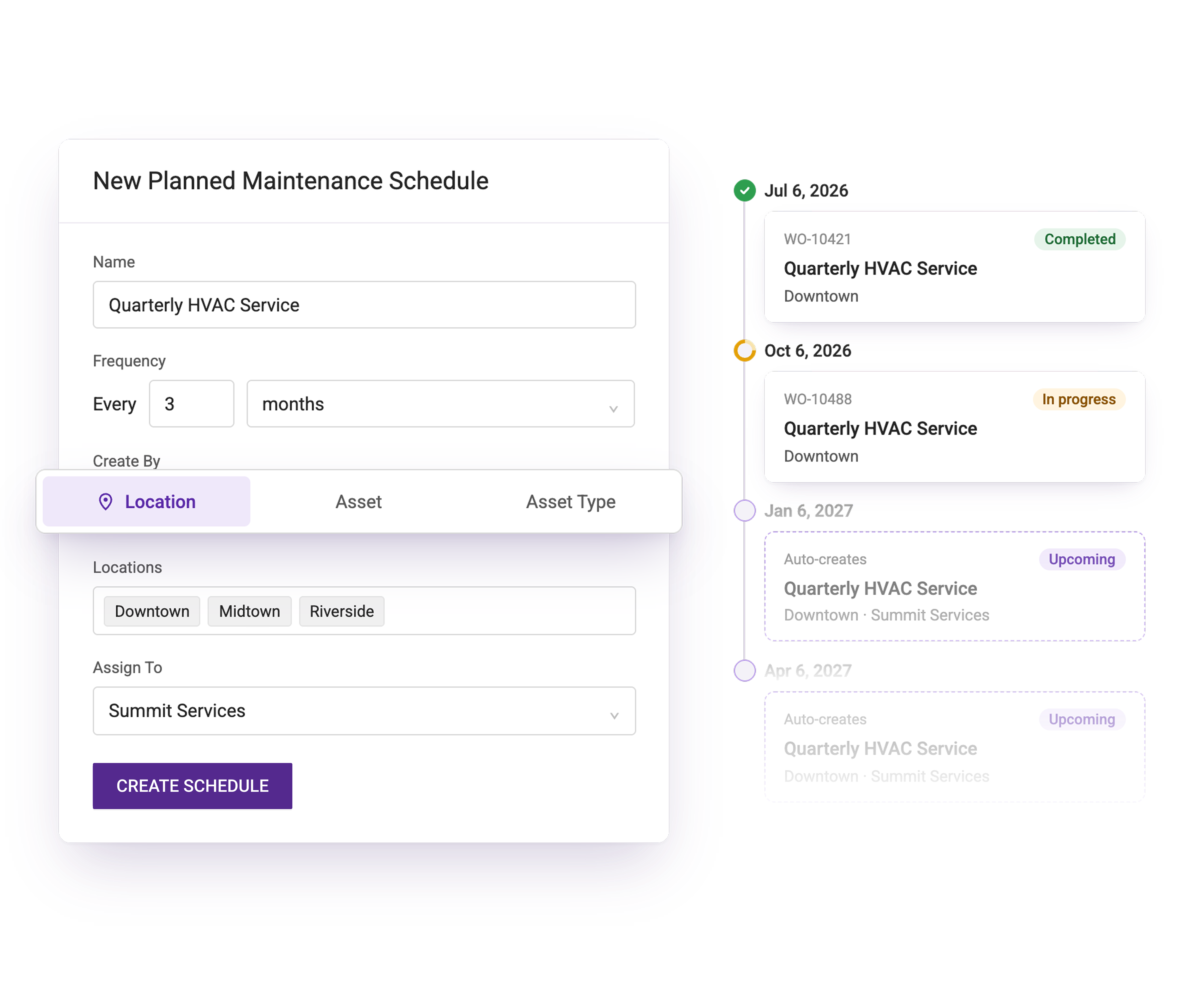 Recurring maintenance schedule by location, asset, or asset type