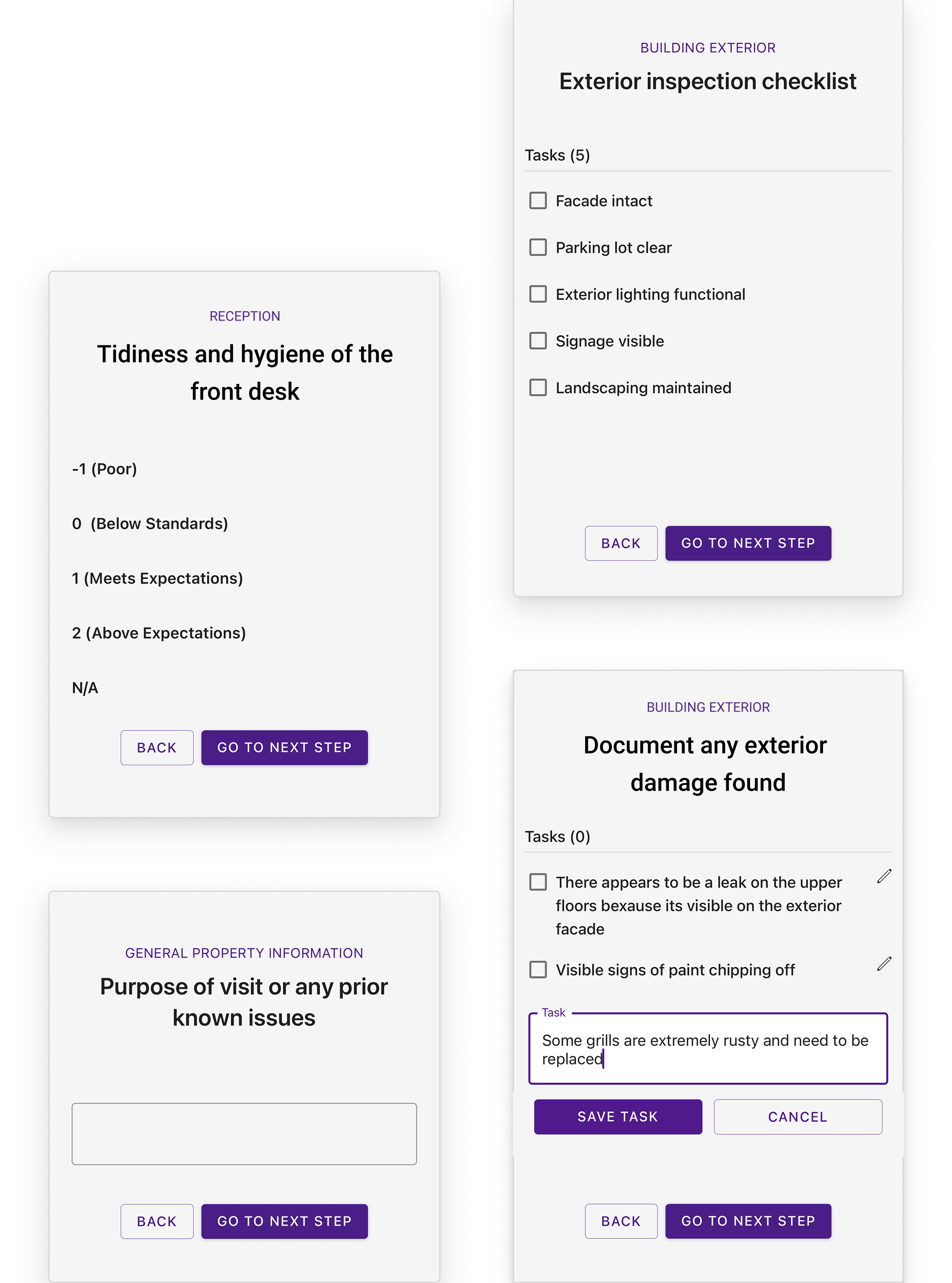 Scored inspection questions, checklists, observations, and follow-up tasks
